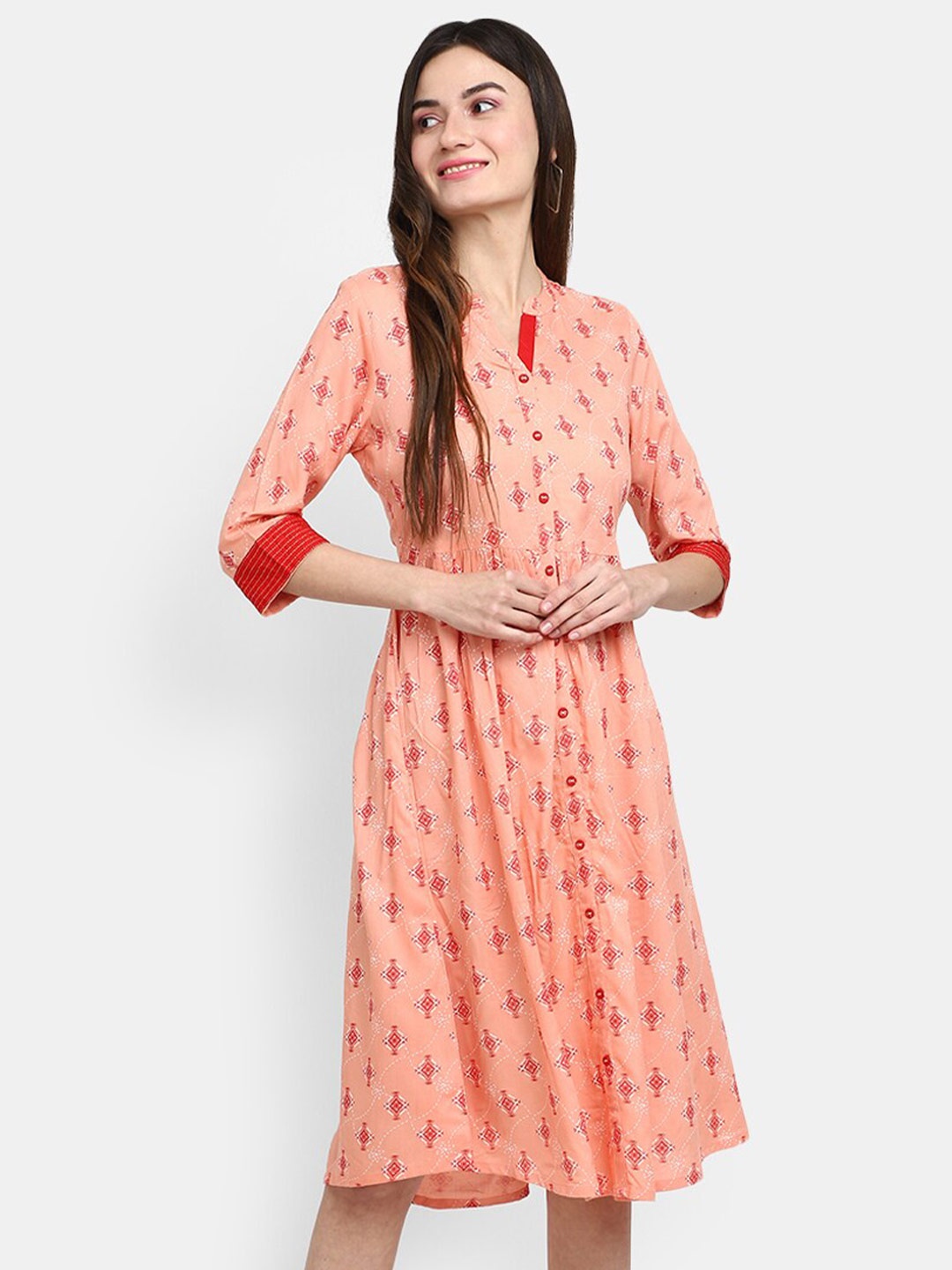 

V-Mart Geometric Printed Mandarin Collar A-Line Dress, Peach