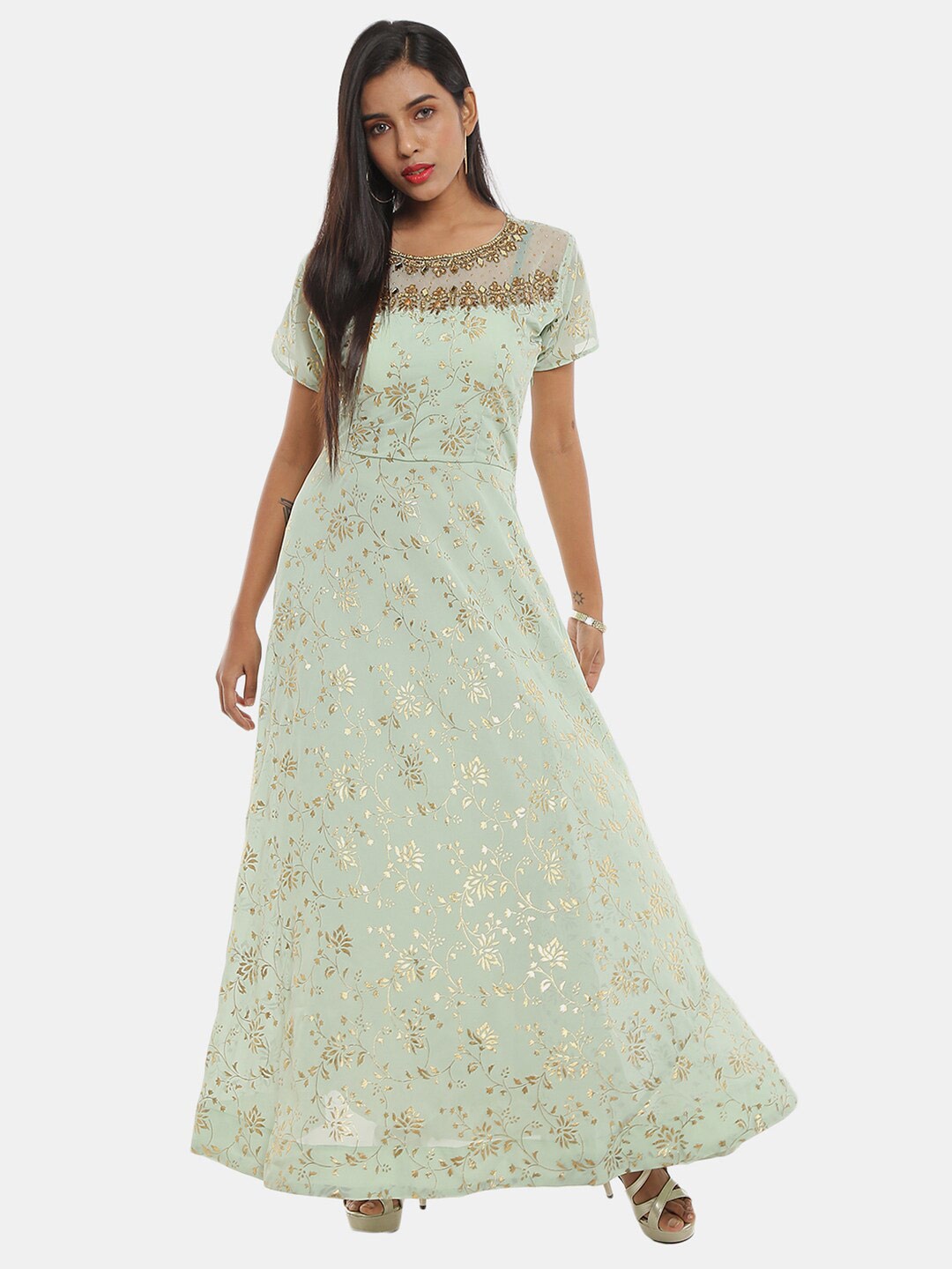 

V-Mart Floral Printed Chiffon Embellished Gown Maxi Dress, Sea green