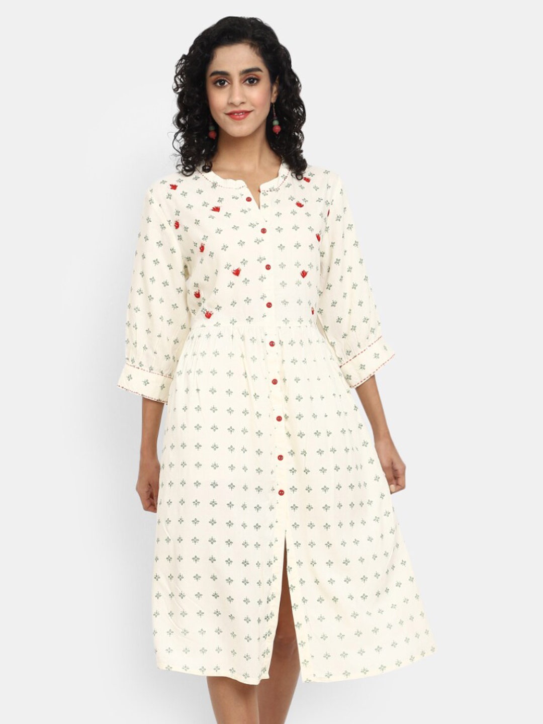 

V-Mart Floral Print Sequinned Band Collar A-Line Dress, Off white