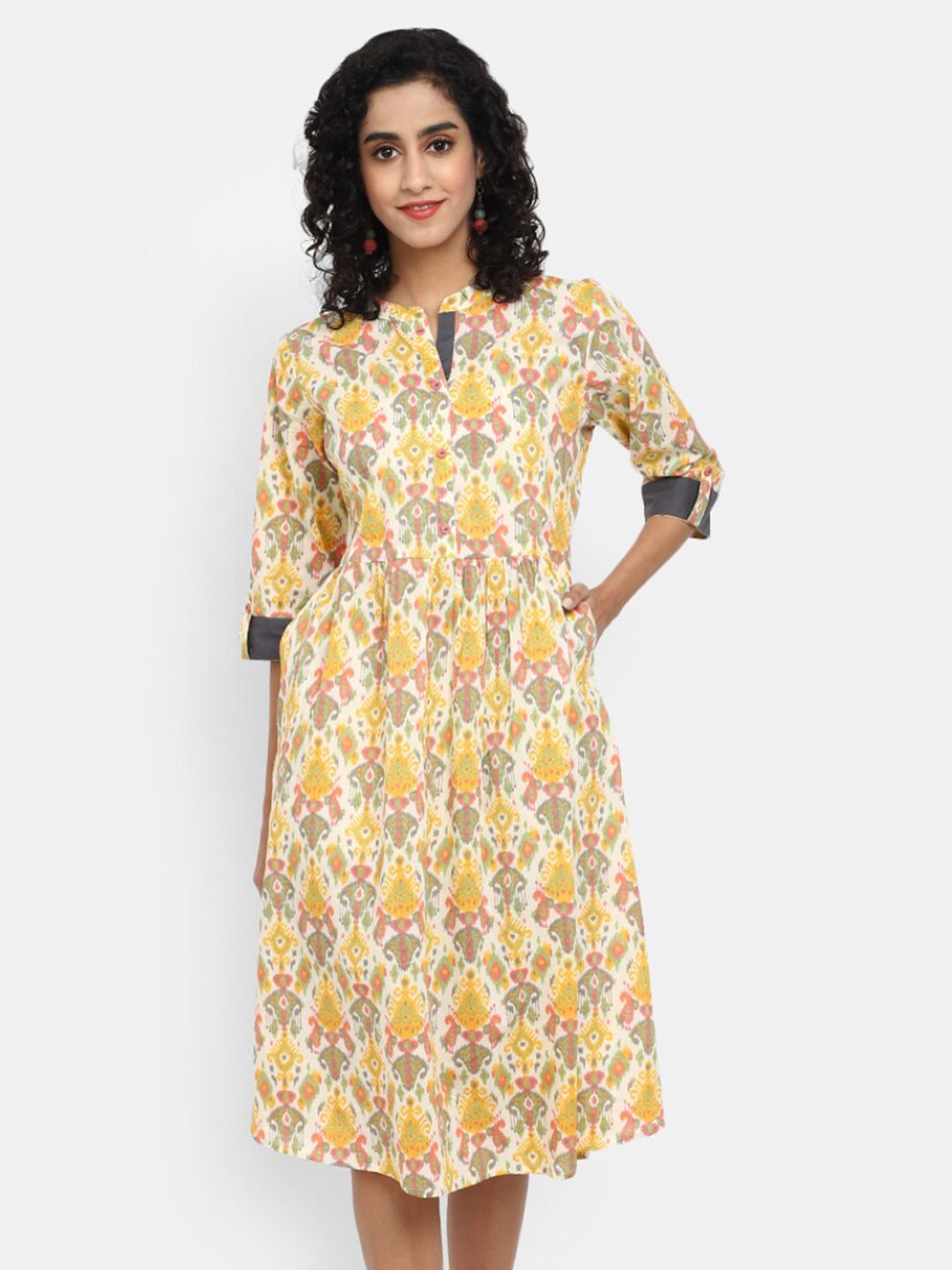 

V-Mart Floral Print Band Collar Cotton A-Line Midi Dress, Off white