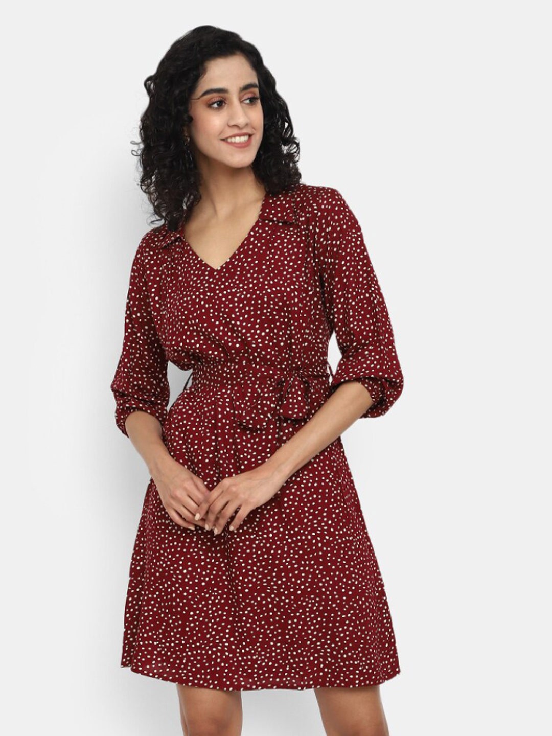 

V-Mart Print Puff Sleeve Belted A-Line Dress, Maroon