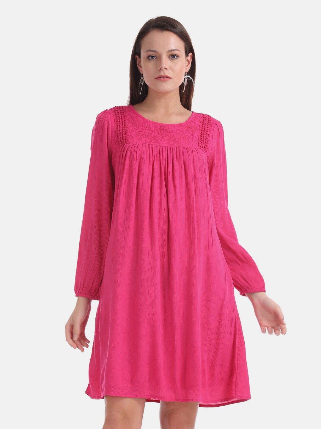 

V-Mart Puff Sleeve Lace Insert A-Line Dress, Pink
