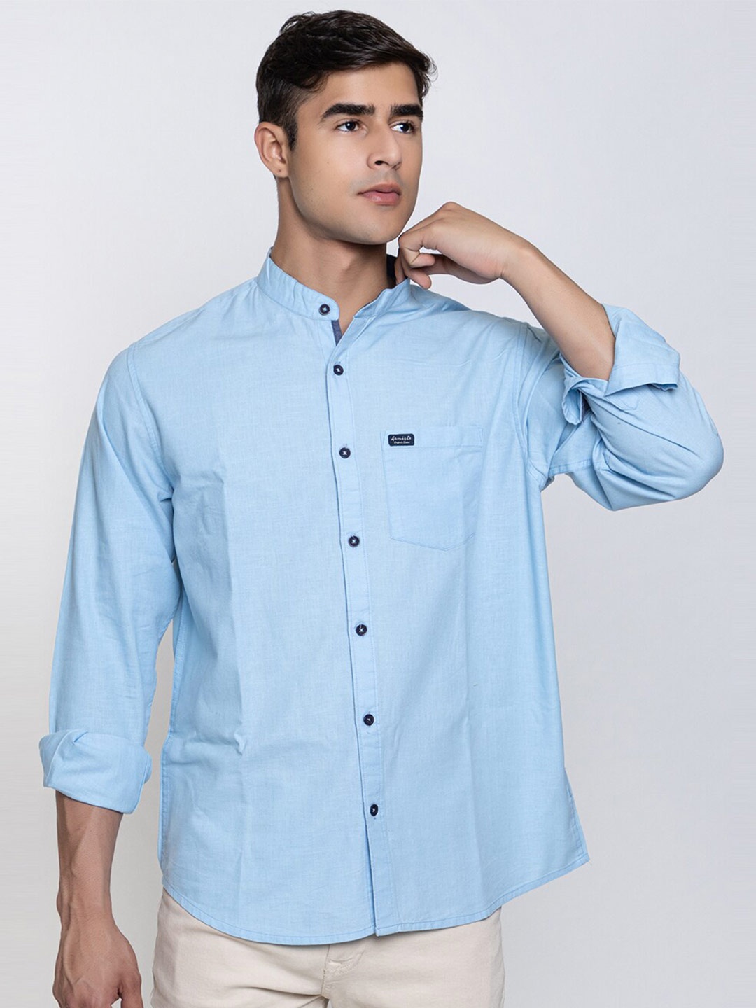 

ARMISTO Band Collar Modern Opaque Linen Casual Shirt, Blue