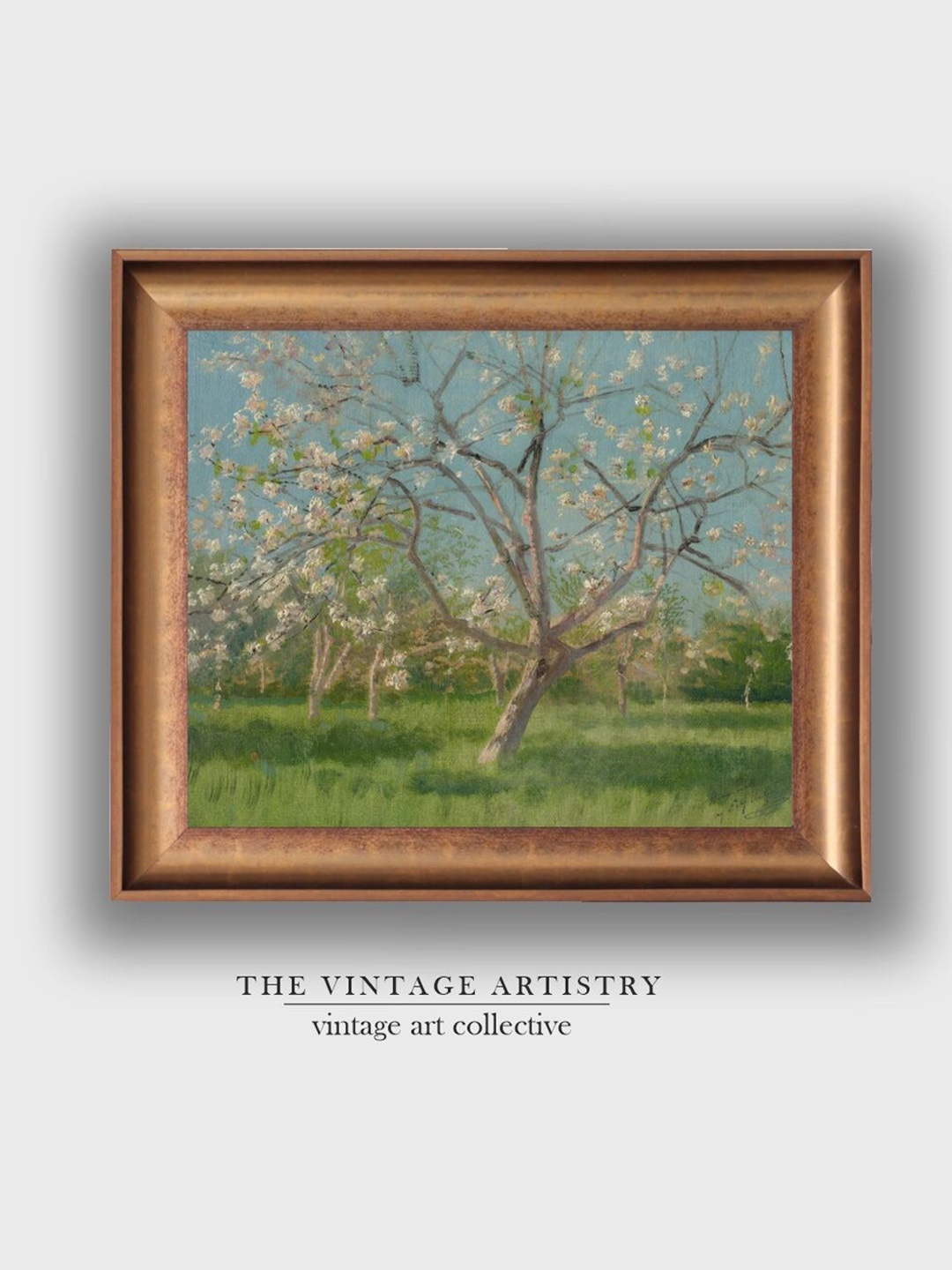 

THE VINTAGE ARTISTRY Green & Blue Antique Peach Tree Blossoms Painting Wall Art