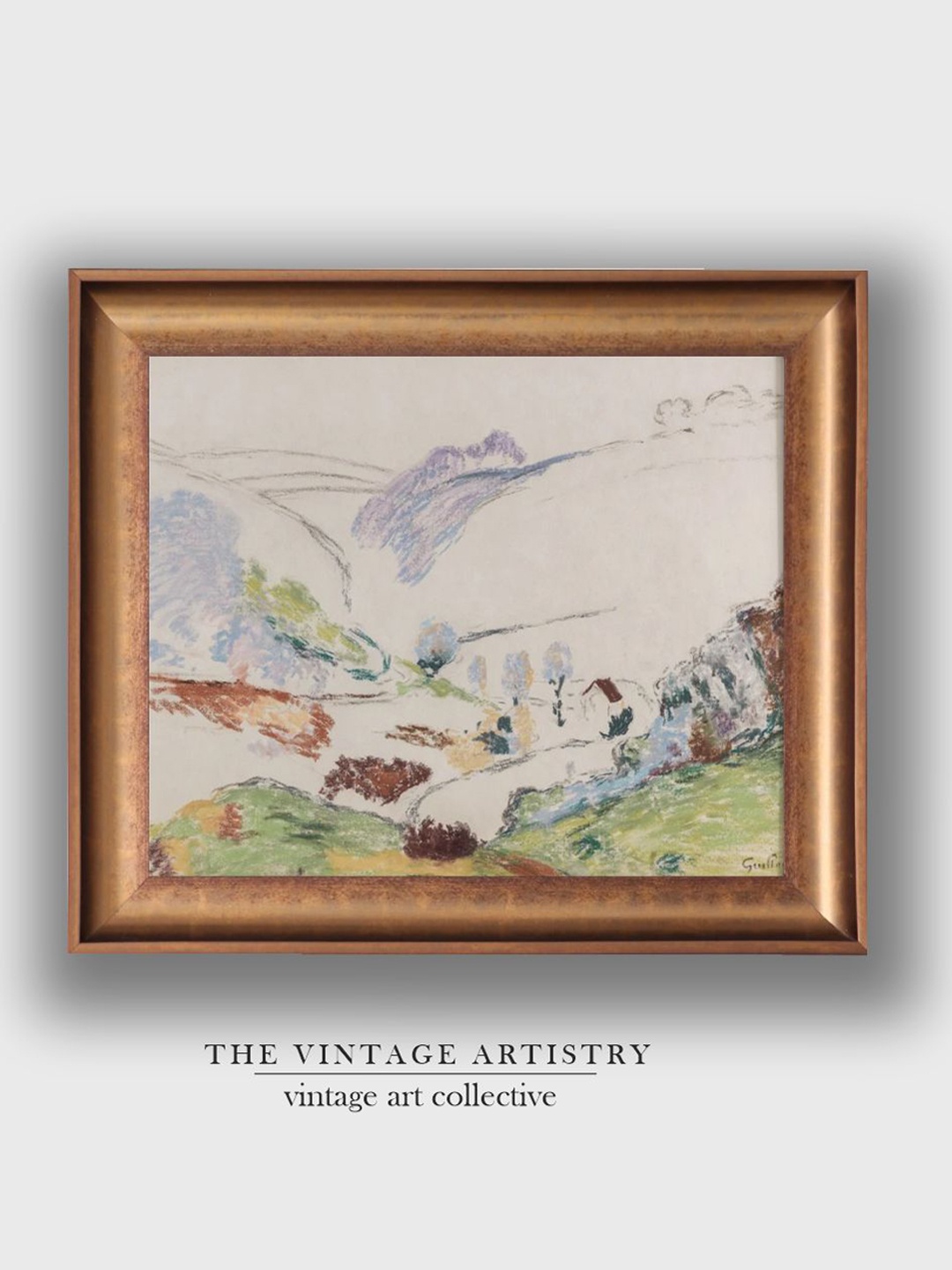 

THE VINTAGE ARTISTRY Cream-Colored Vintage Mountain Painting Wall Art