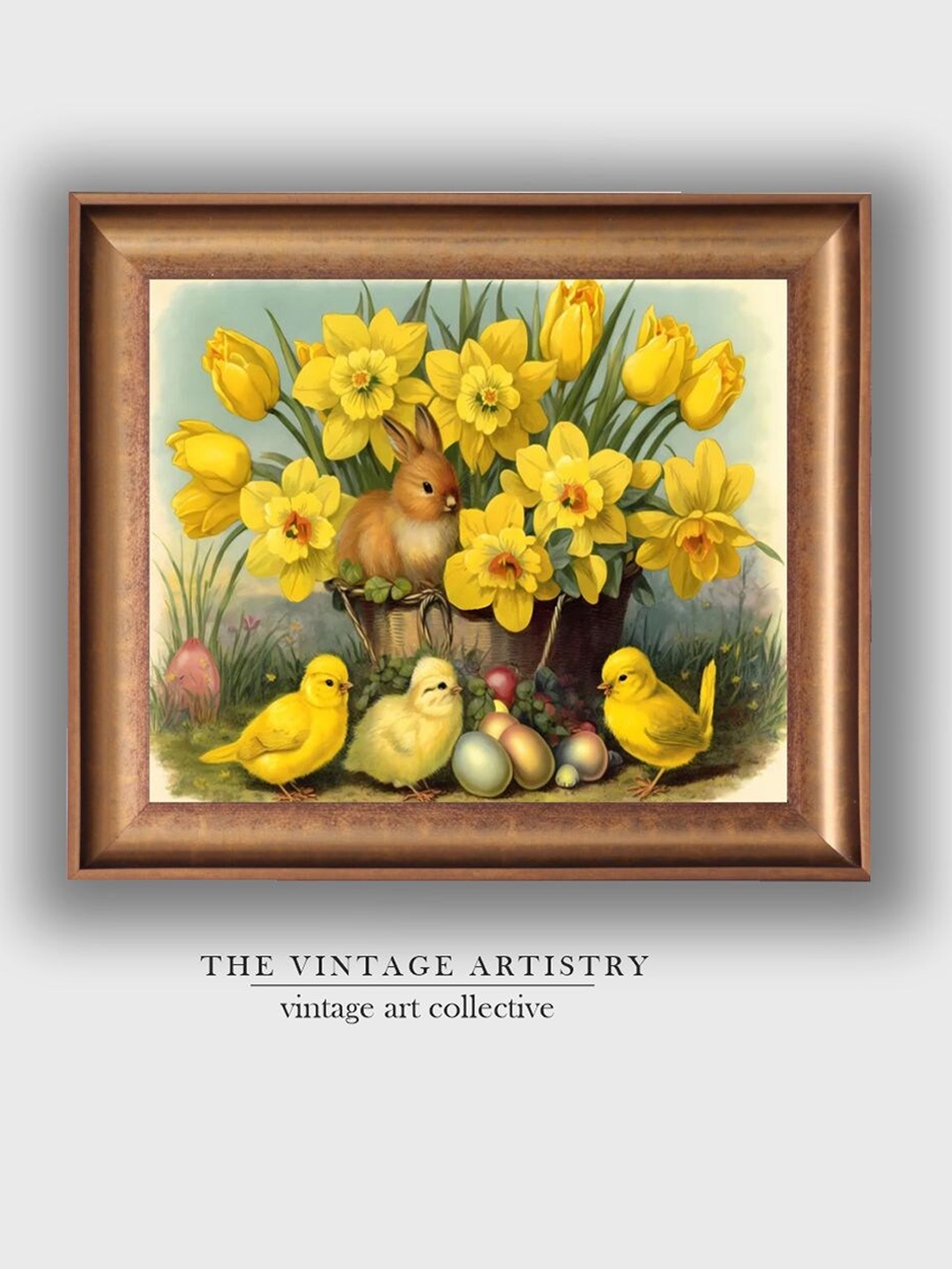 

THE VINTAGE ARTISTRY Yellow Vintage Chicks Basket Violets Painting Wall Art