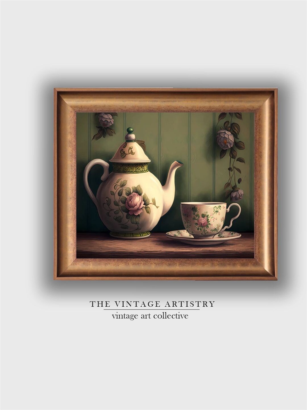 

THE VINTAGE ARTISTRY Green & Beige Still Life With Breakfast Setting Painting Wall Art