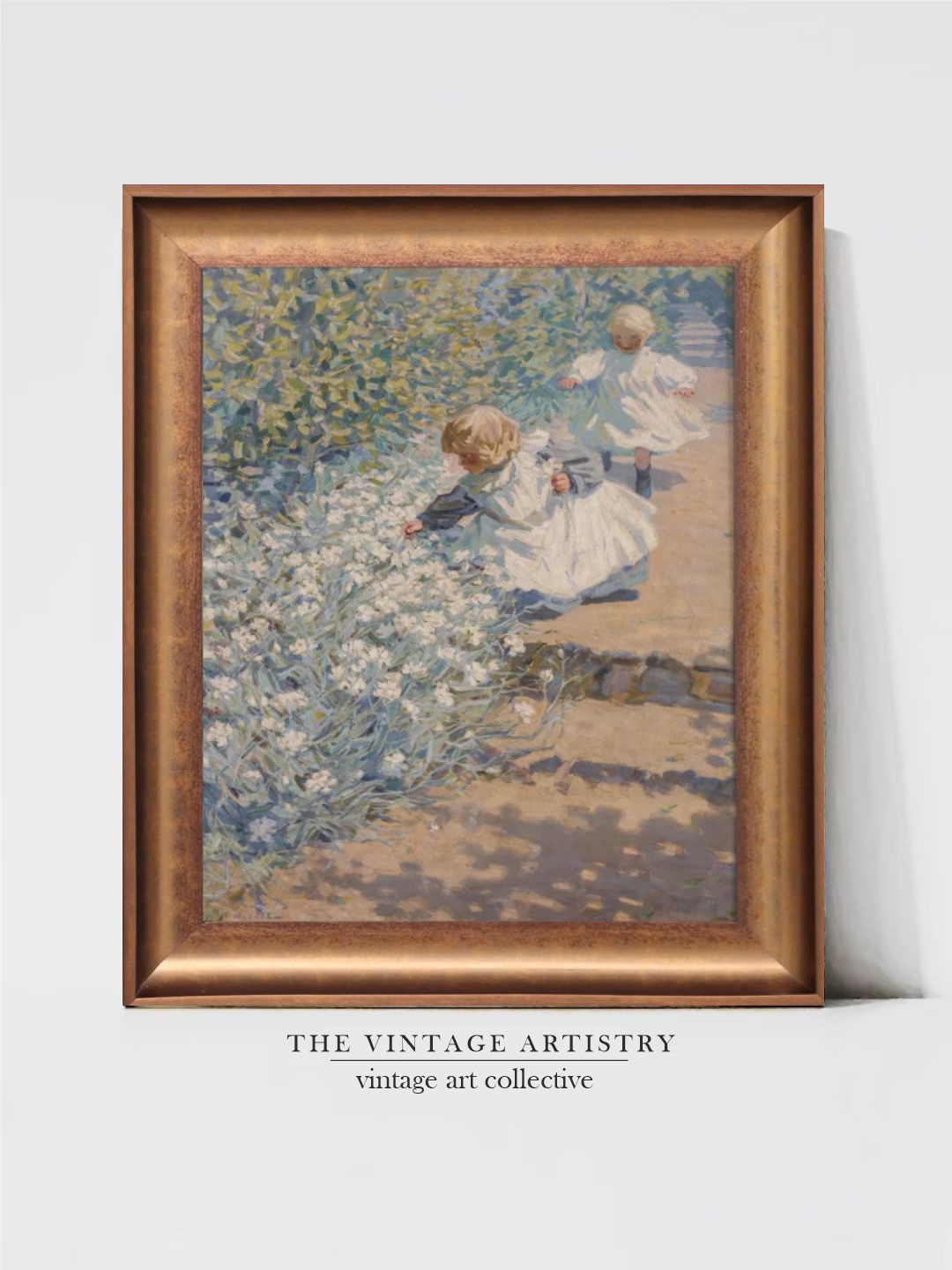 

THE VINTAGE ARTISTRY Brown & Blue Picking Flowers Painting Wall Art