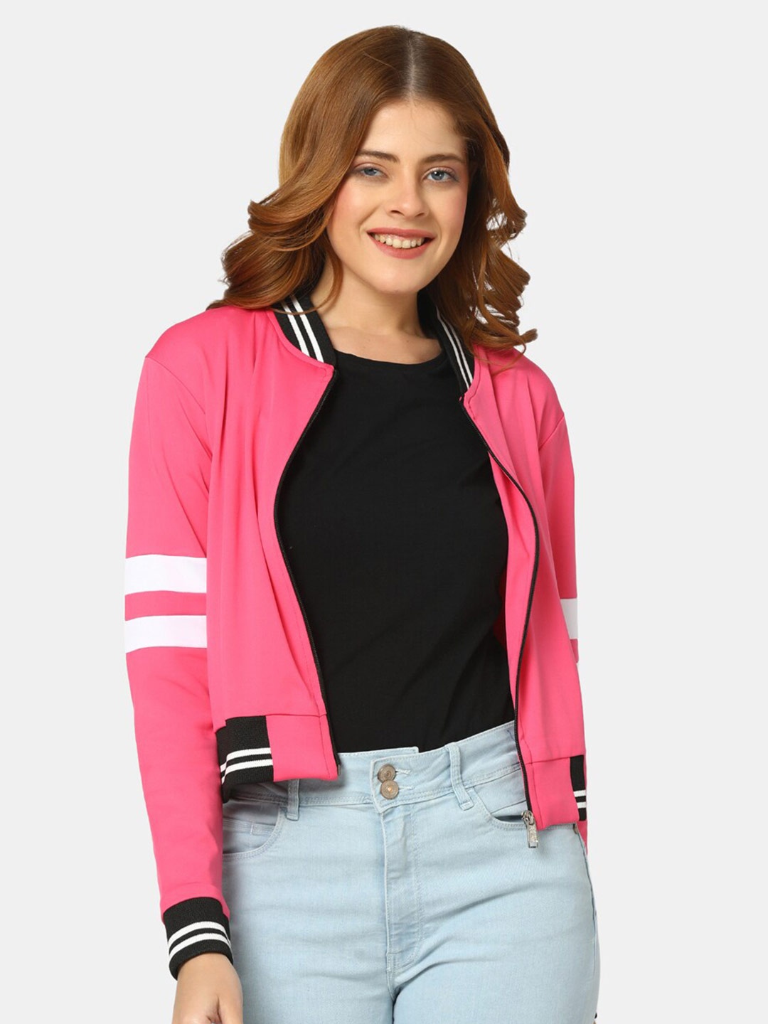 

V-Mart Mandarin Collar Terry Bomber Jacket, Pink