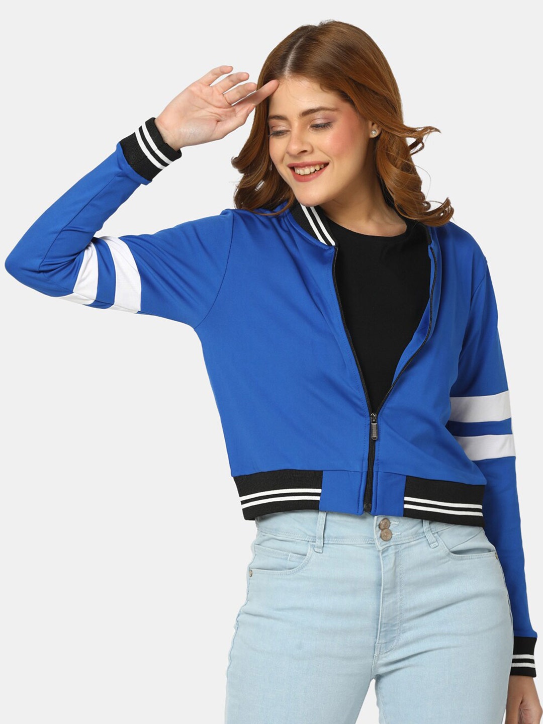 

V-Mart Women Mandarin Collar Terry Bomber Jacket, Blue