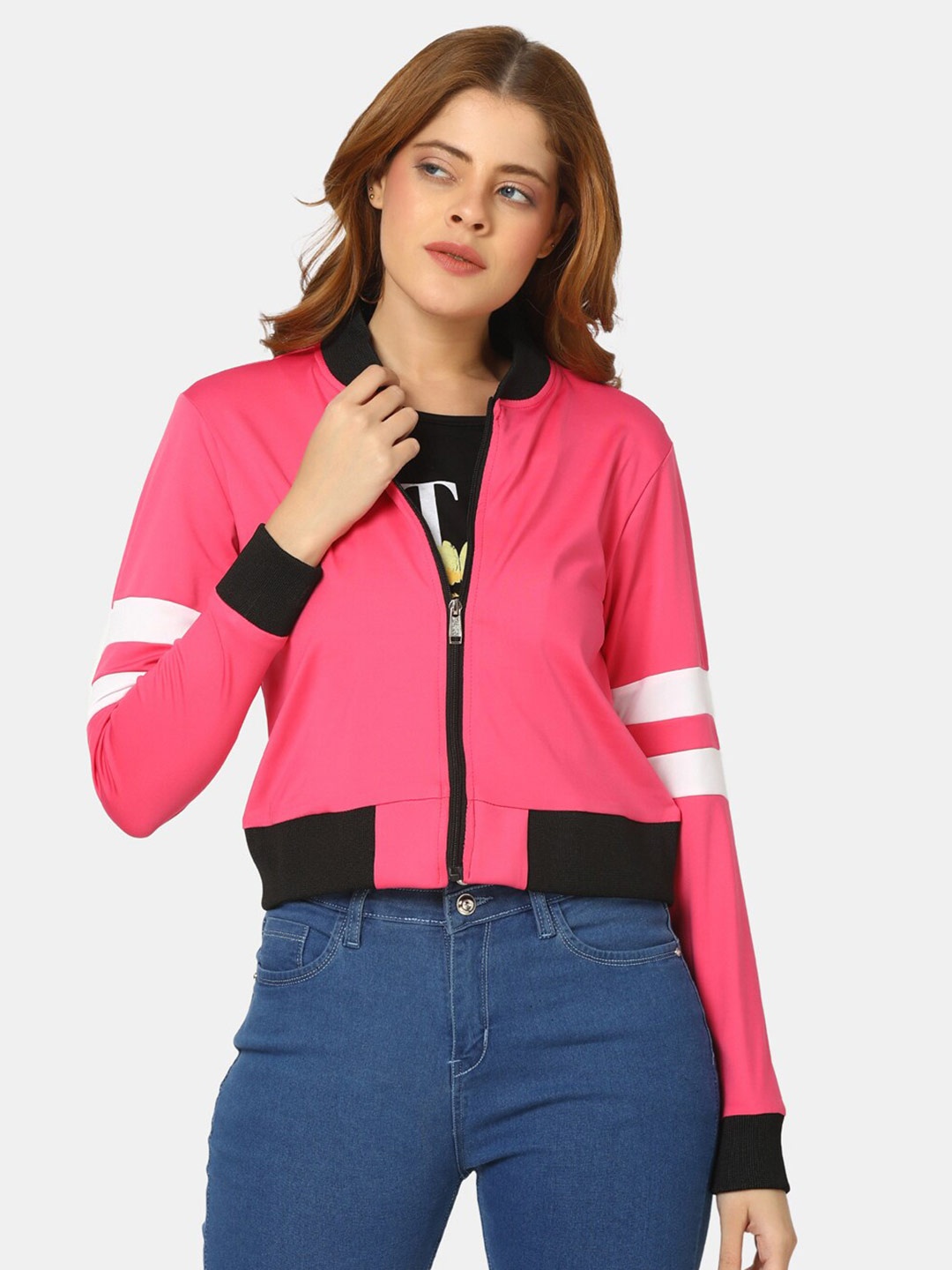 

V-Mart Mandarin Collar Terry Bomber Jacket, Pink