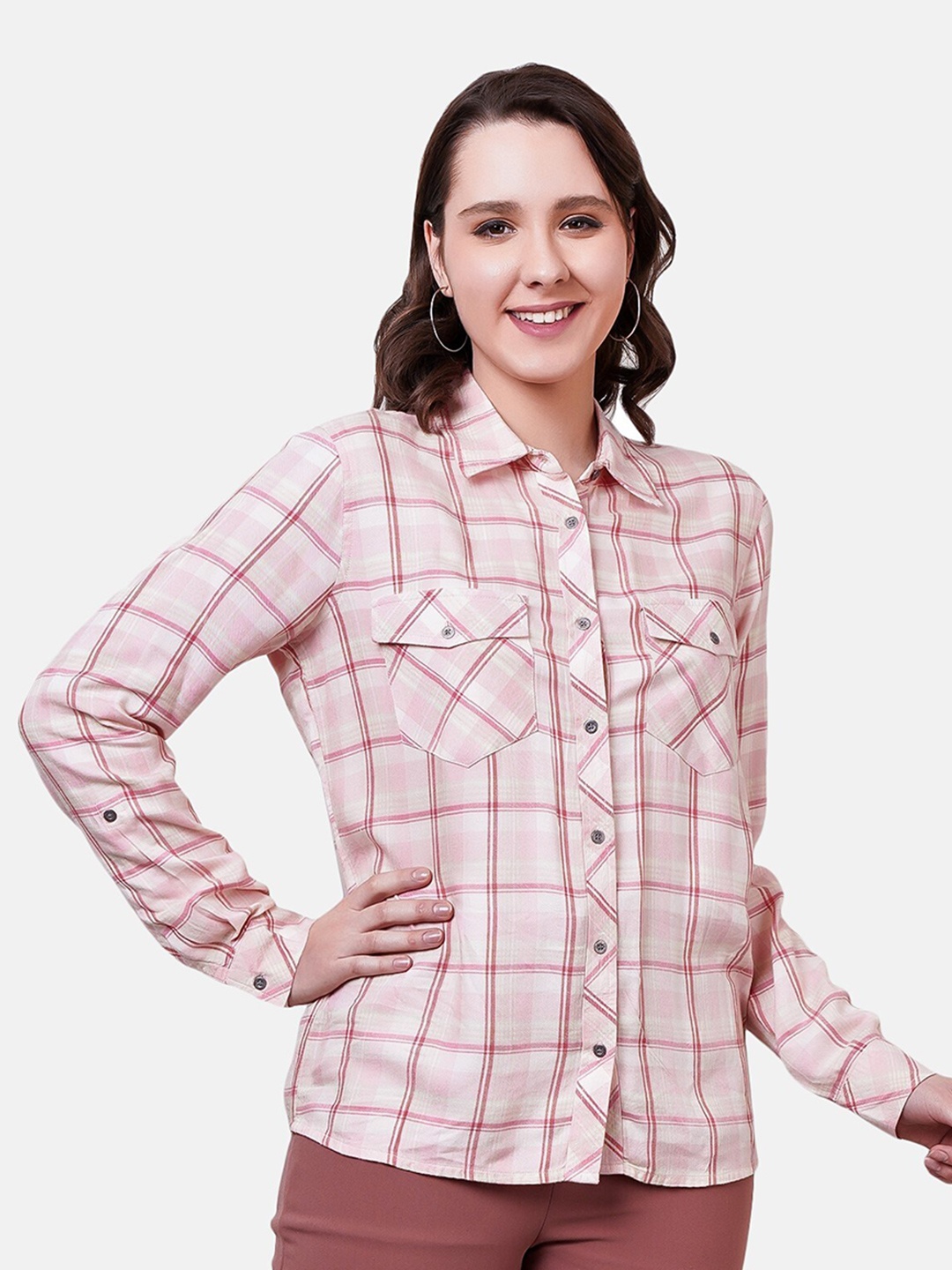 

NUEVOSDAMAS Windowpane Checks Checked Casual Shirt, Pink