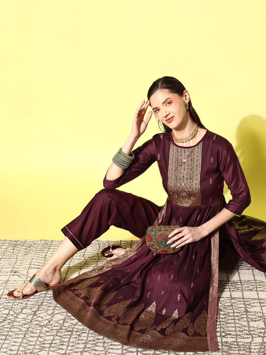 

Sangria Pleated Mirror Work Chanderi Silk Kurta with Trousers, Burgundy