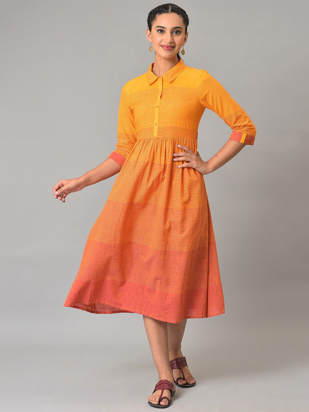 

AURELIA Striped A-Line Midi Dress, Orange