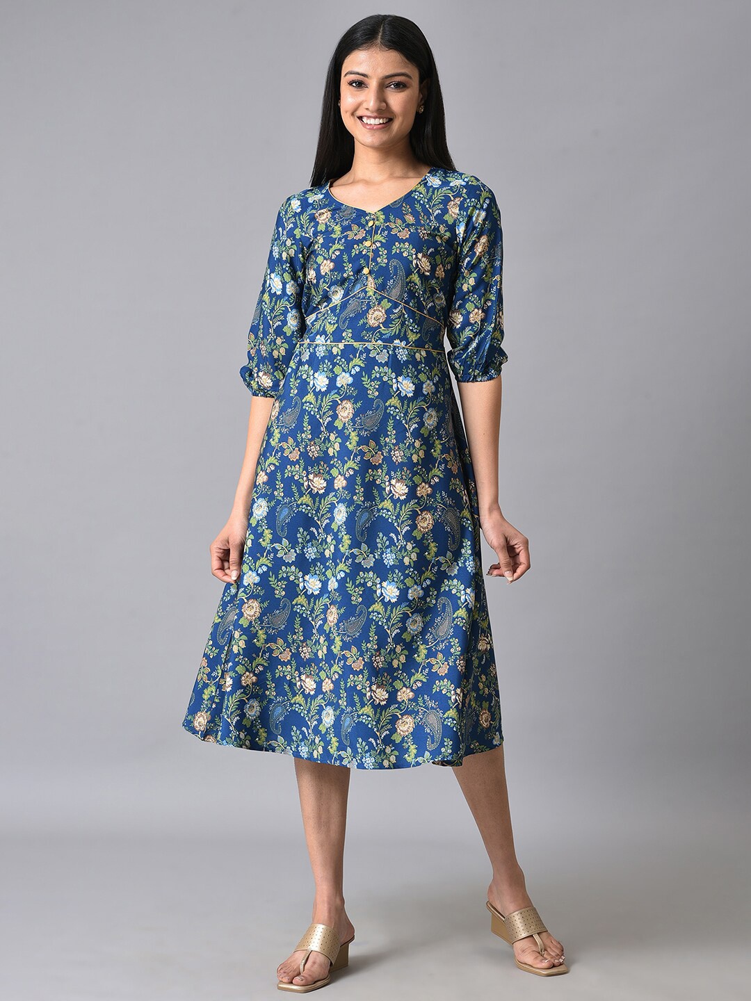 

AURELIA Floral Print A-Line Midi Dress, Blue