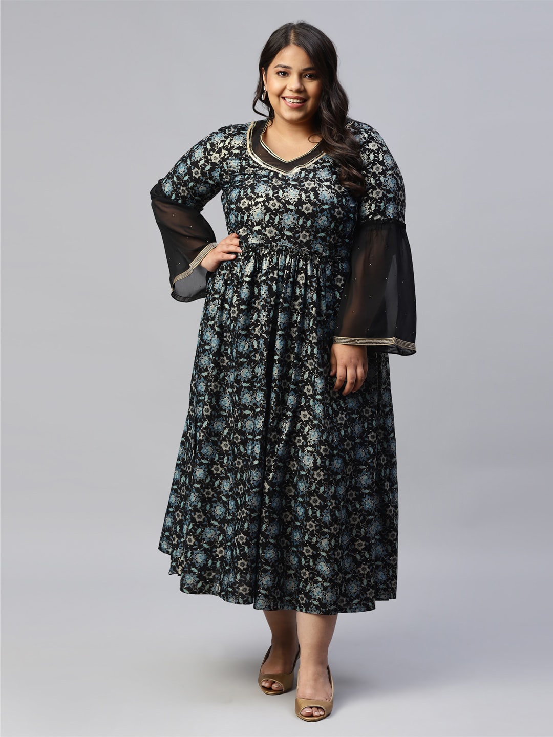 

AURELIA Plus Size Floral Printed Bell Sleeve Fit & Flare Midi Dress, Black
