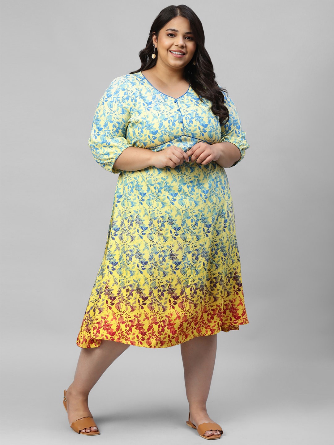 

AURELIA Plus Size Floral Print A-Line Midi Dress, Yellow