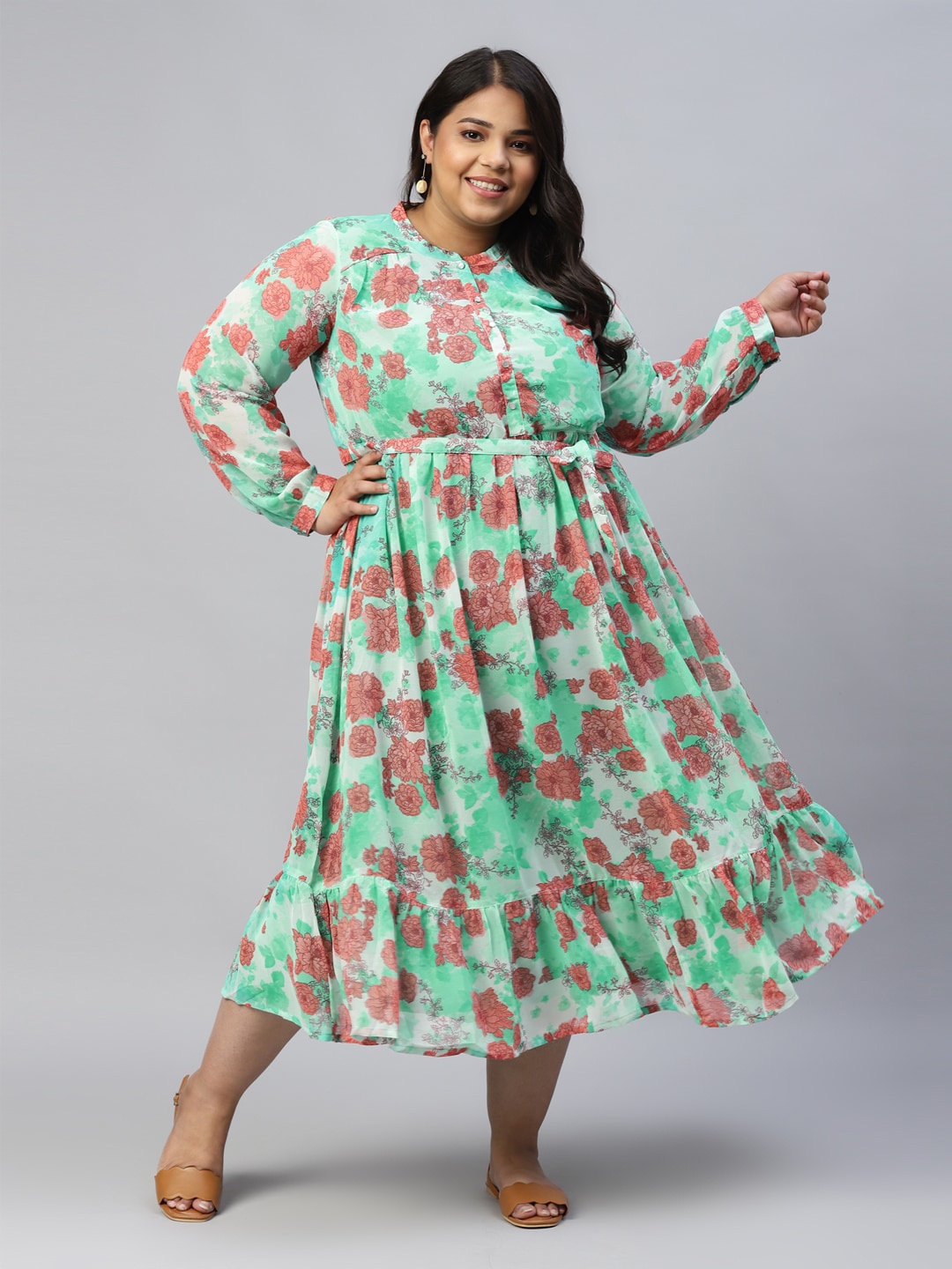 

AURELIA Plus Size Floral Print Puff Sleeve A-Line Midi Dress, Green