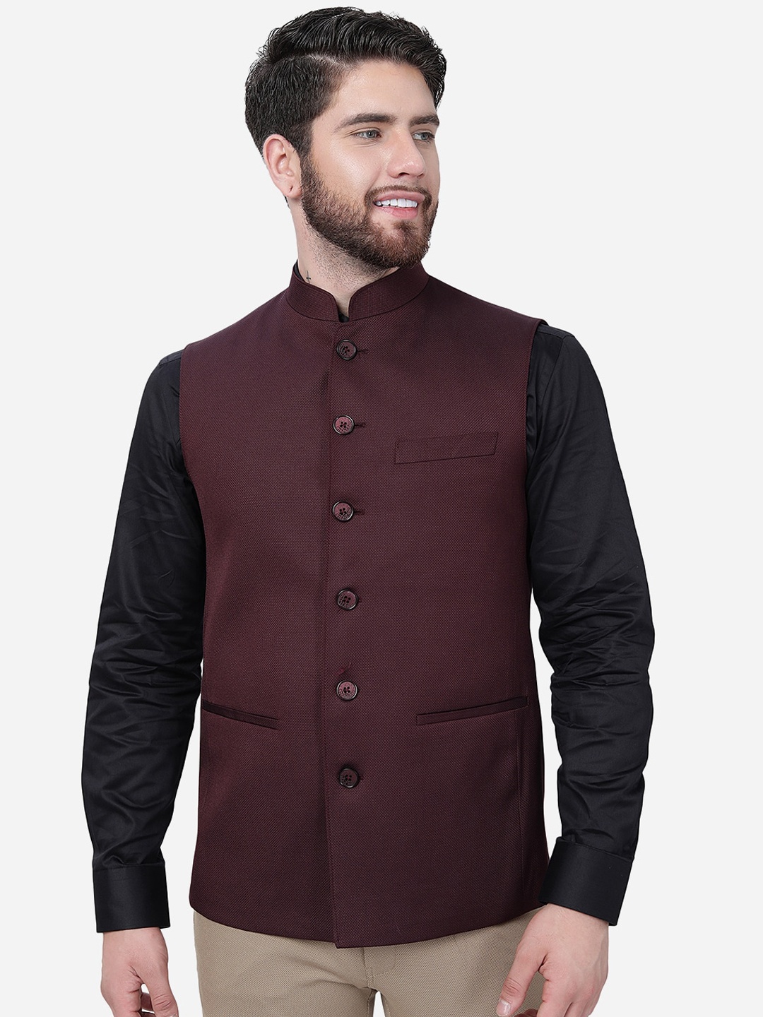 

MODI JACKET Mandarin Collar Woolen Nehru Jacket, Maroon
