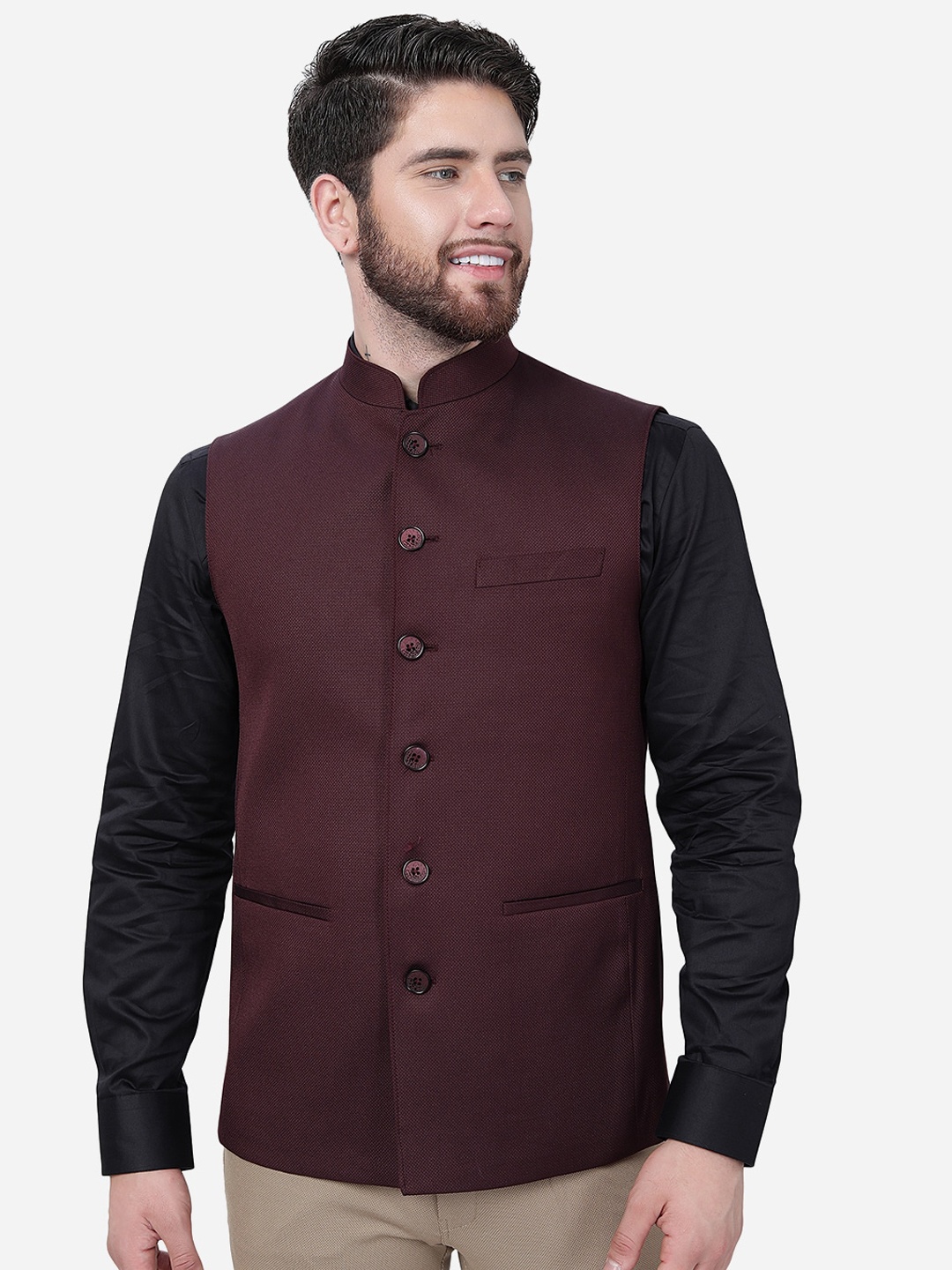 

MODI JACKET Mandarin Collar Woolen Nehru Jacket, Maroon