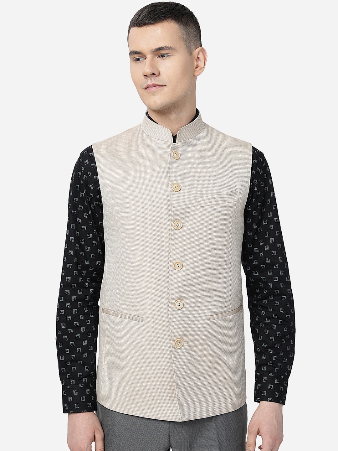 

MODI JACKET Mandarin Collar Woolen Nehru Jacket, Beige