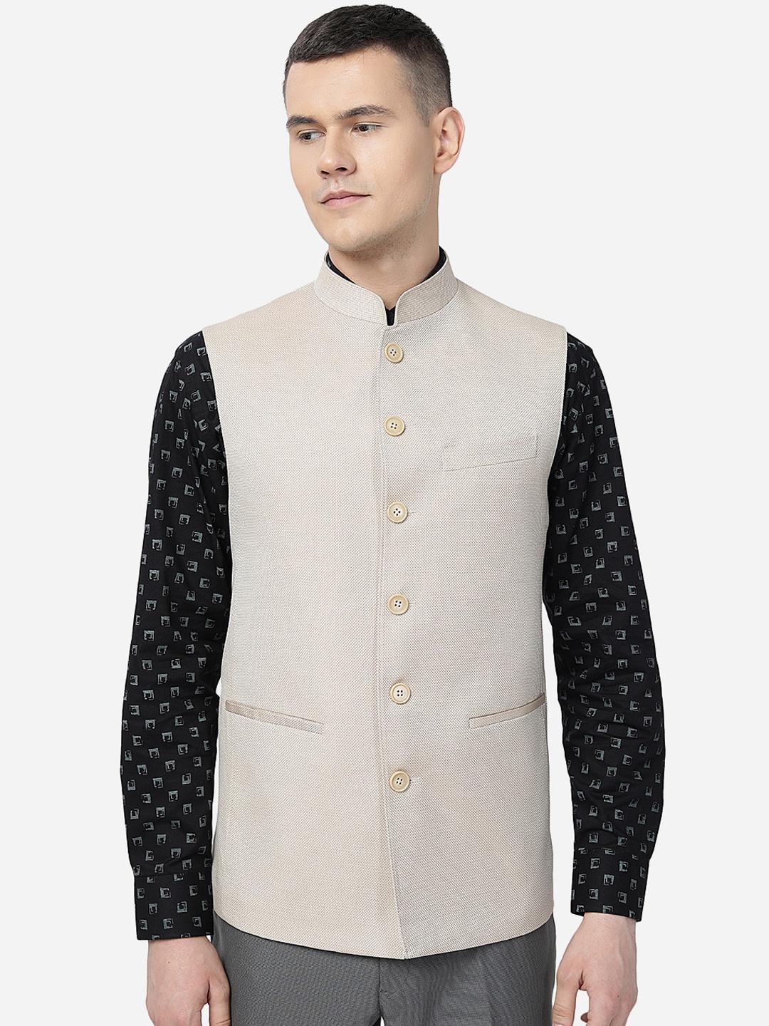 

MODI JACKET Mandarin Collar Woolen Nehru Jacket, Beige
