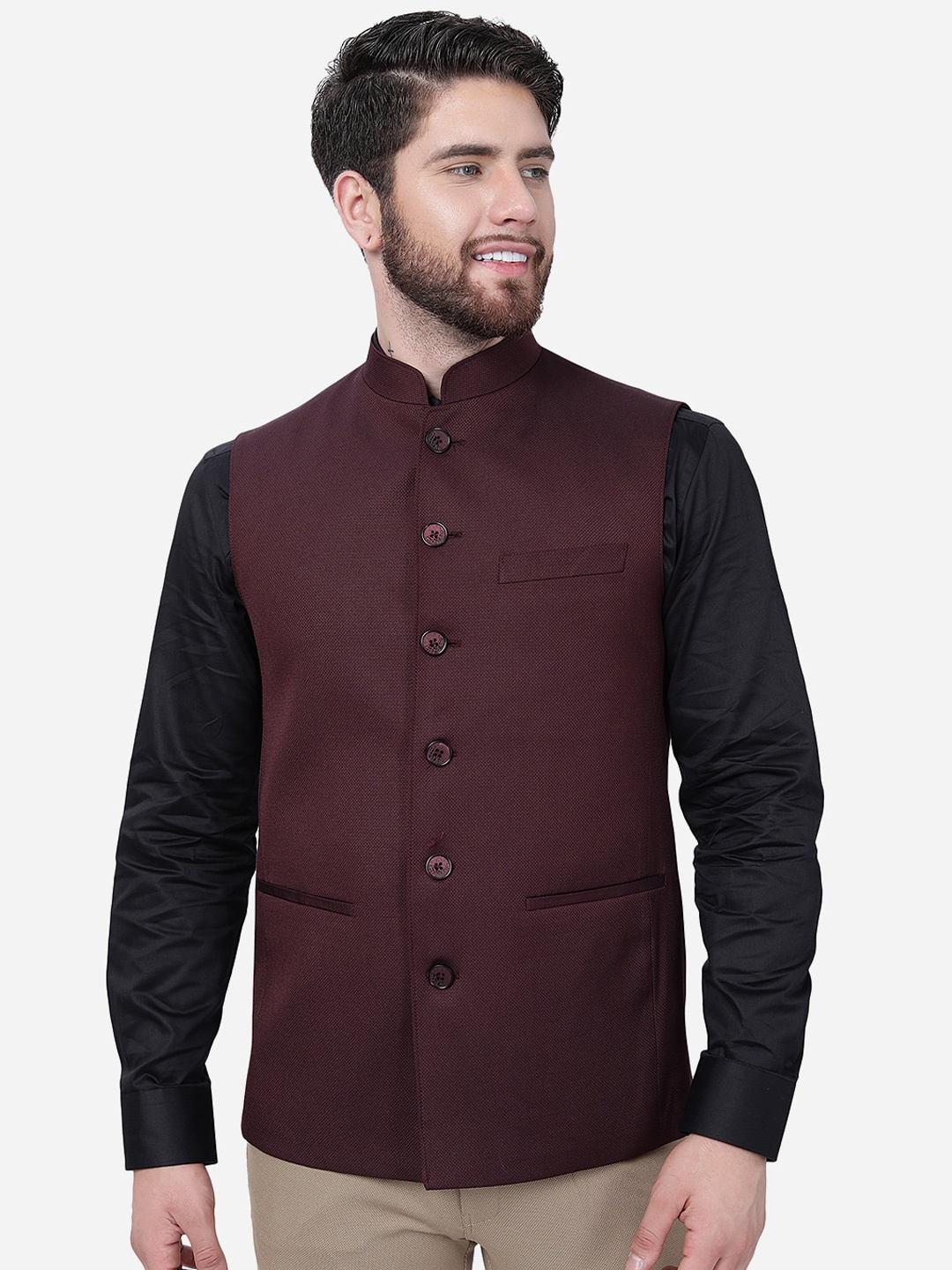 

MODI JACKET Mandarin Collar Woolen Nehru Jacket, Maroon