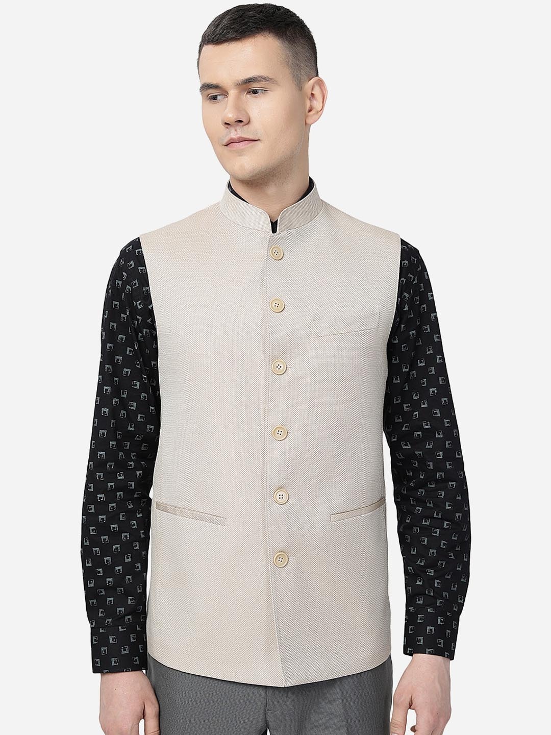 

MODI JACKET Mandarin Collar Woolen Nehru Jacket, Beige