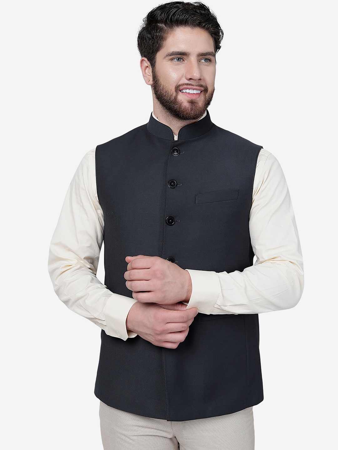 

MODI JACKET Mandarin Collar Woolen Nehru Jacket, Black