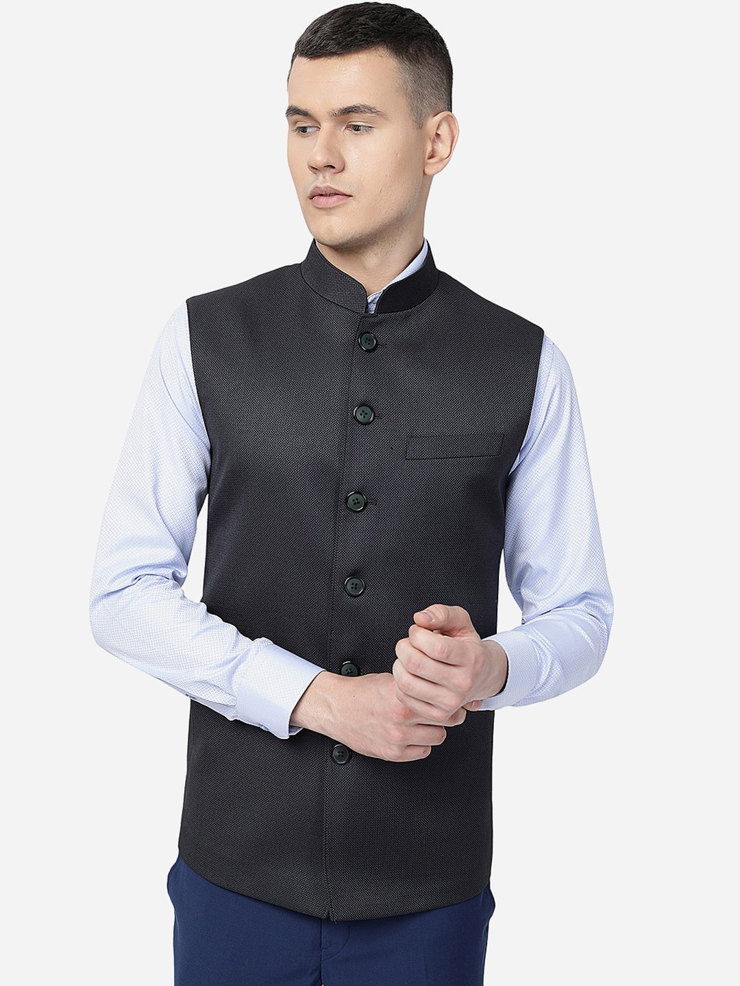 

MODI JACKET Mandarin Collar Woolen Nehru Jacket, Black