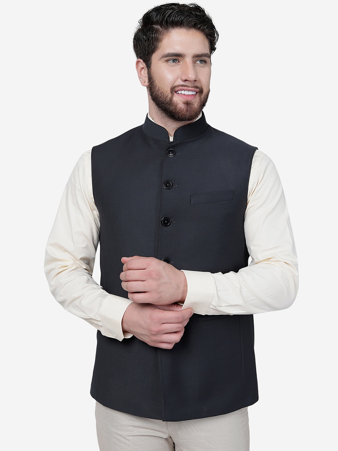 

MODI JACKET Mandarin Collar Woolen Nehru Jacket, Black