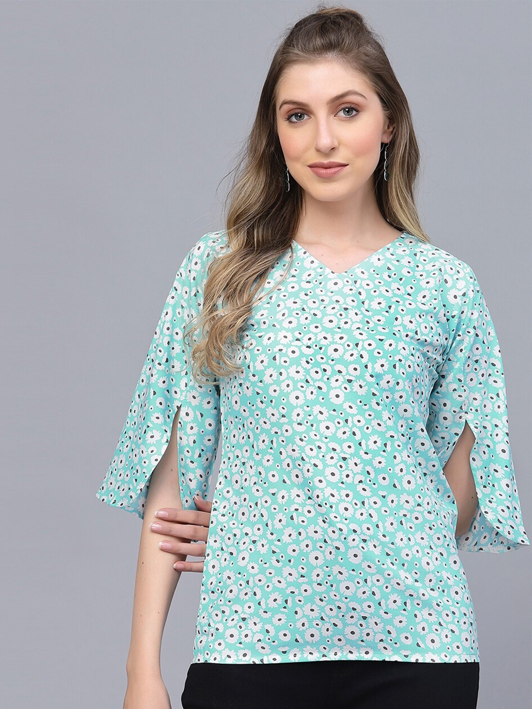 

Selvia Floral Printed V-Neck Slit Sleeves Top, Blue