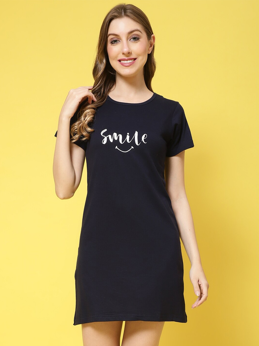 

Claura Typography Printed Nightdress, Navy blue