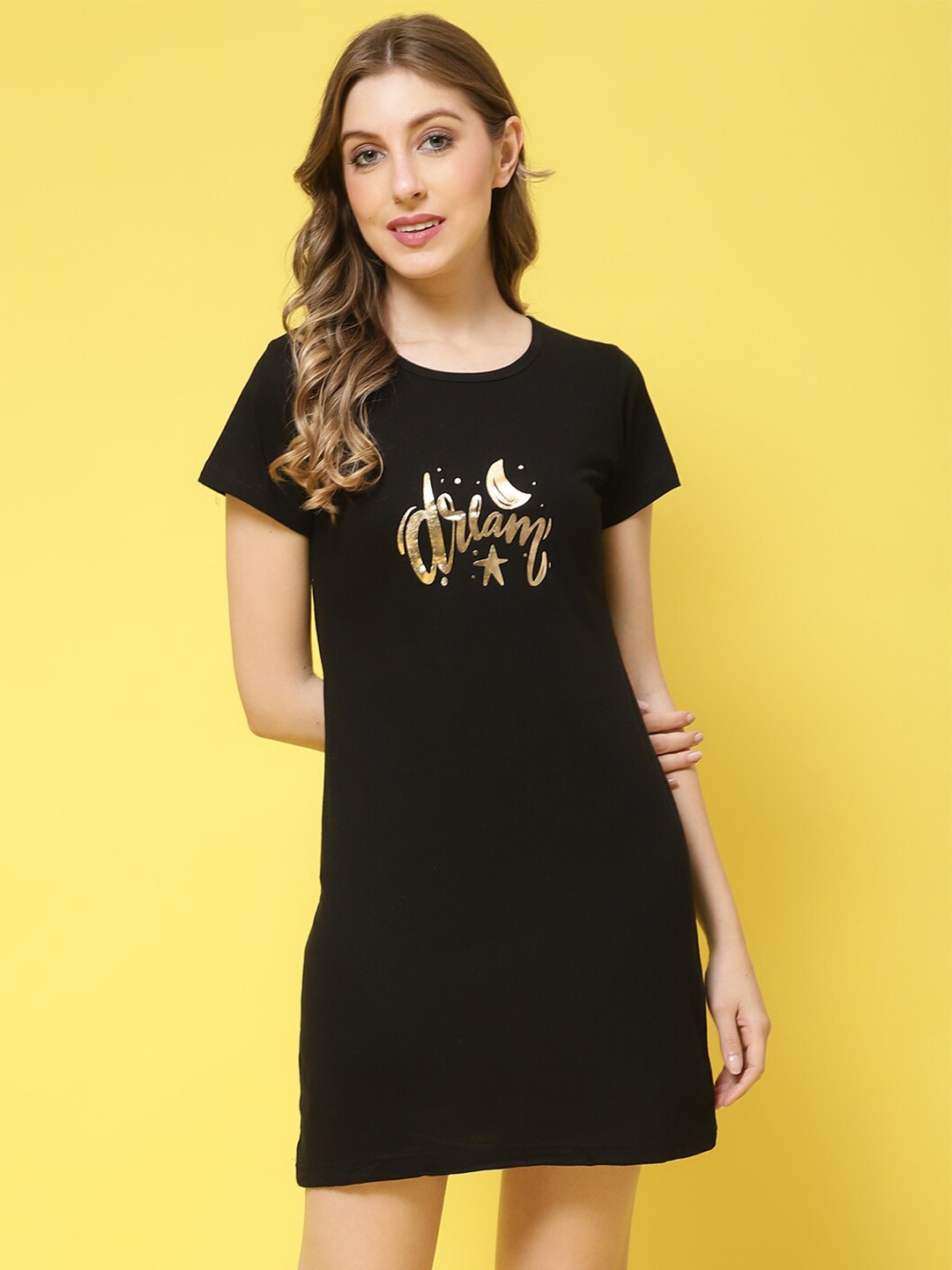 

Claura Typography Printed Nightdress, Black