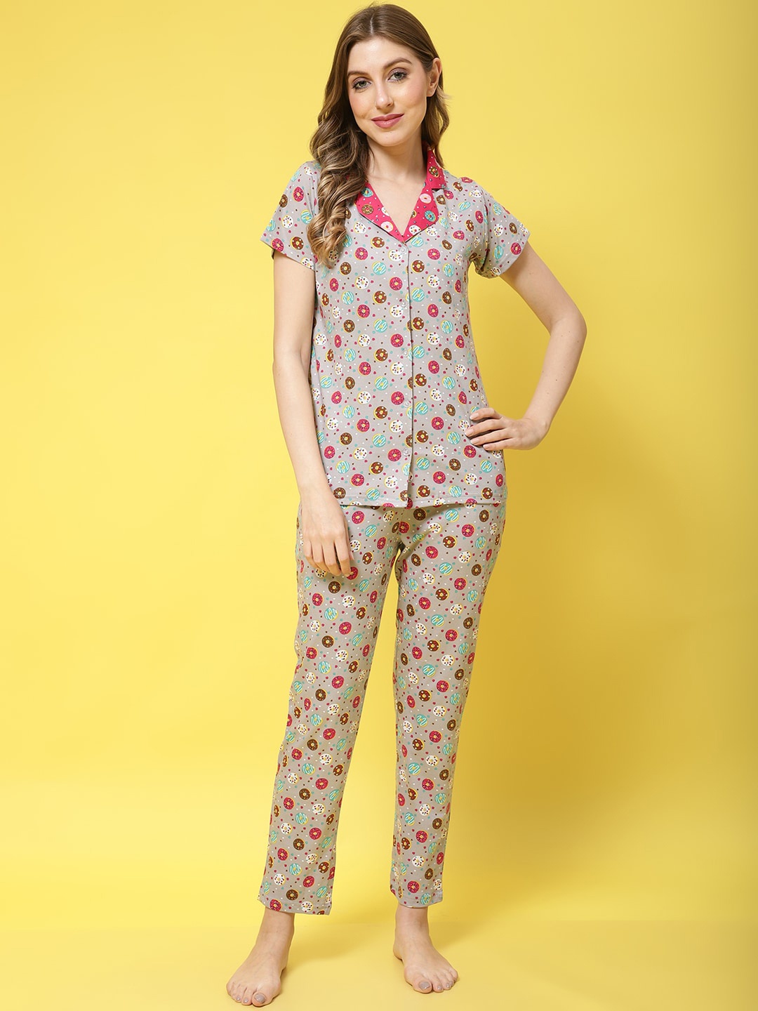 

Claura Conversational Printed Pure Cotton Night Suit, Grey