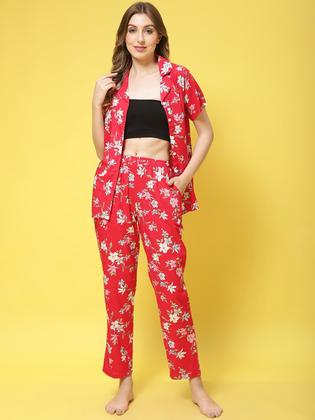 

Claura Floral Printed Night Suit, Red