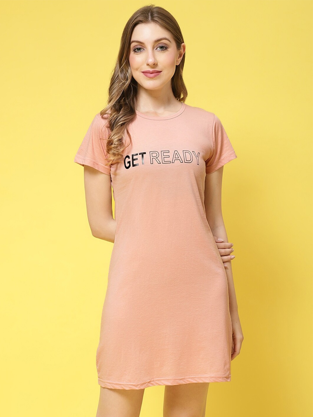 

Claura Typography Printed Nightdress, Peach