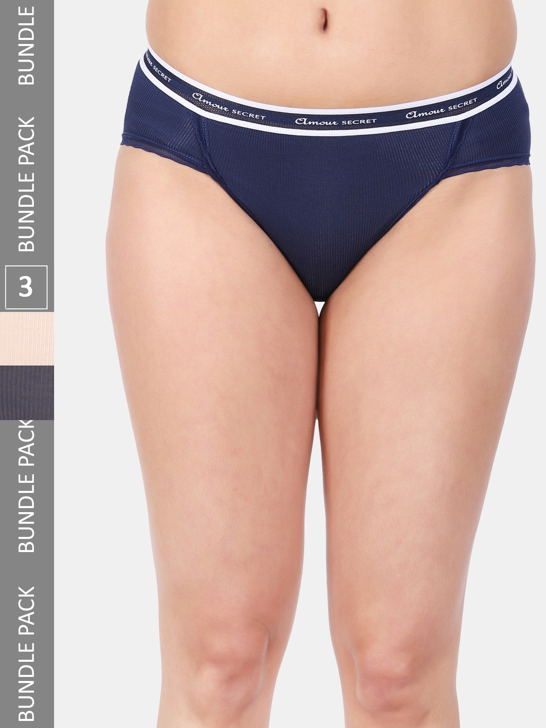 

Amour Secret Women Pack Of 3 Striped Anti-Bacterial Bikini Briefs, Navy blue