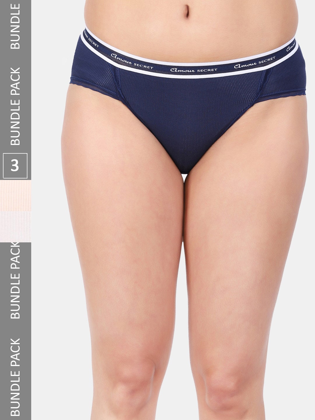 

Amour Secret Women Pack Of 3 Striped Anti-Bacterial Bikini Briefs, Navy blue
