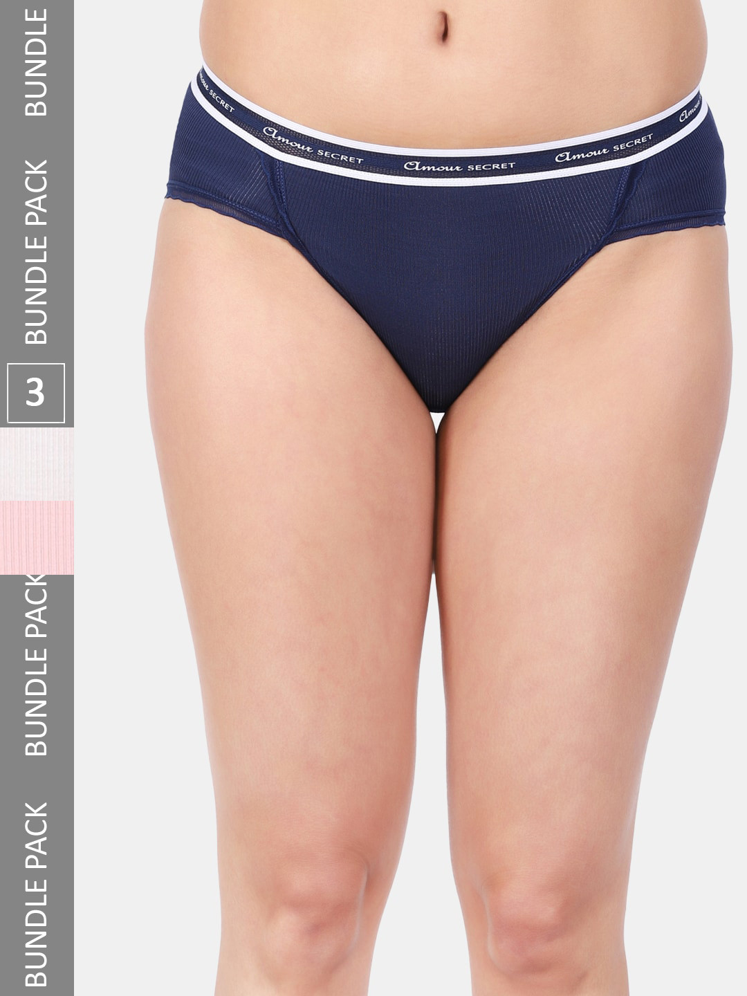 

Amour Secret Women Pack Of 3 Striped Anti-Bacterial Bikini Briefs, Navy blue