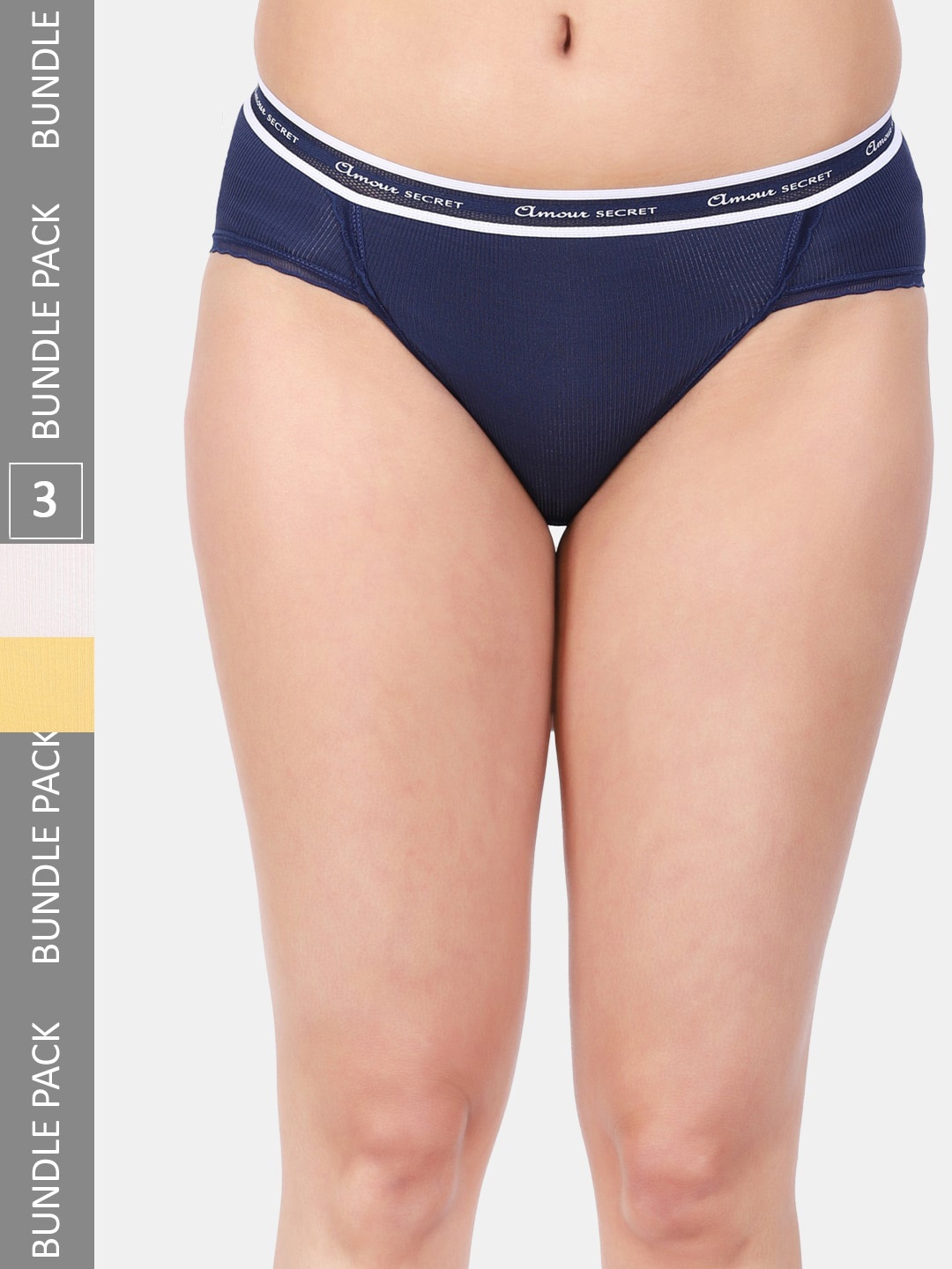 

Amour Secret Women Pack Of 3 Striped Anti-Bacterial Bikini Briefs, Navy blue