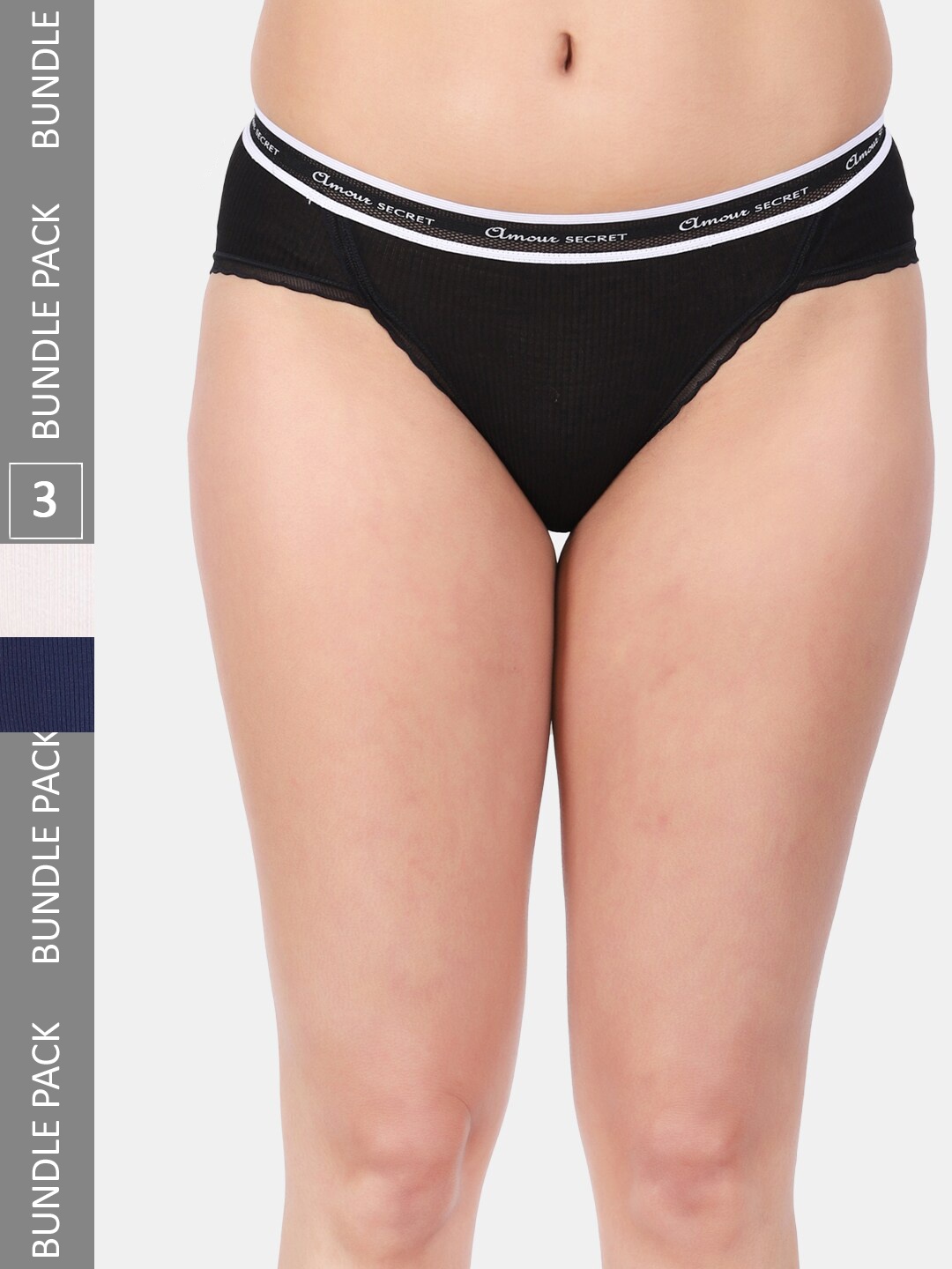

Amour Secret Women Pack Of 3 Striped Mid Rise Anti-Bacterial Bikini Briefs, Black