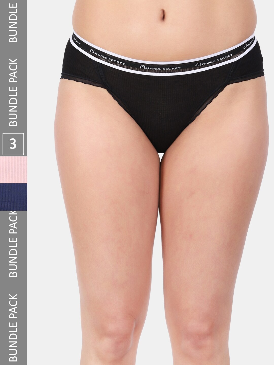 

Amour Secret Women Pack Of 3 Striped Mid Rise Anti-Bacterial Bikini Briefs, Black