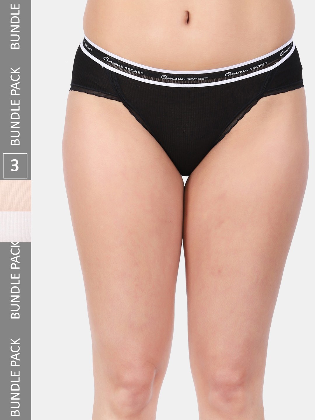 

Amour Secret Women Pack Of 3 Striped Mid Rise Anti-Bacterial Bikini Briefs, Black
