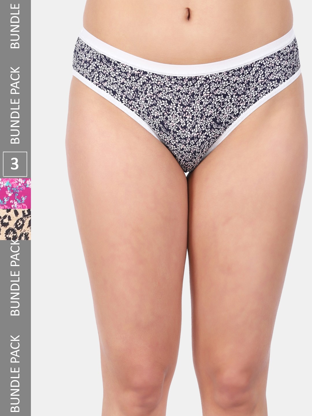 

Amour Secret Women Pack Of 3 Printed Mid Rise Anti-Bacterial Bikini Briefs, Navy blue