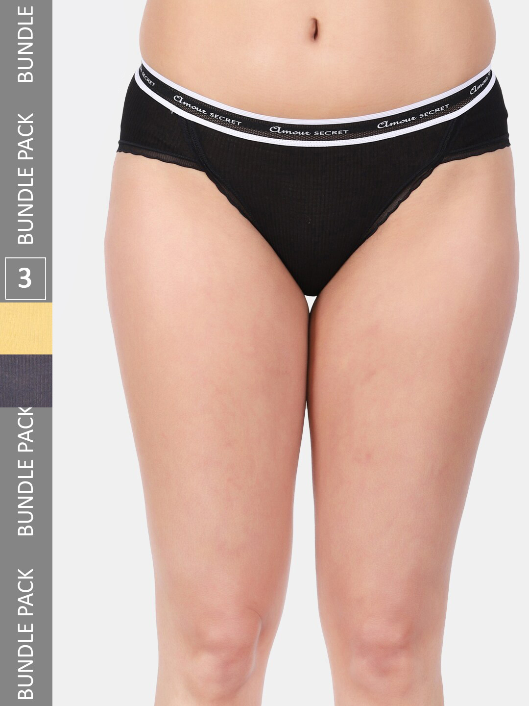 

Amour Secret Women Pack Of 3 Striped Mid Rise Anti-Bacterial Bikini Briefs, Black