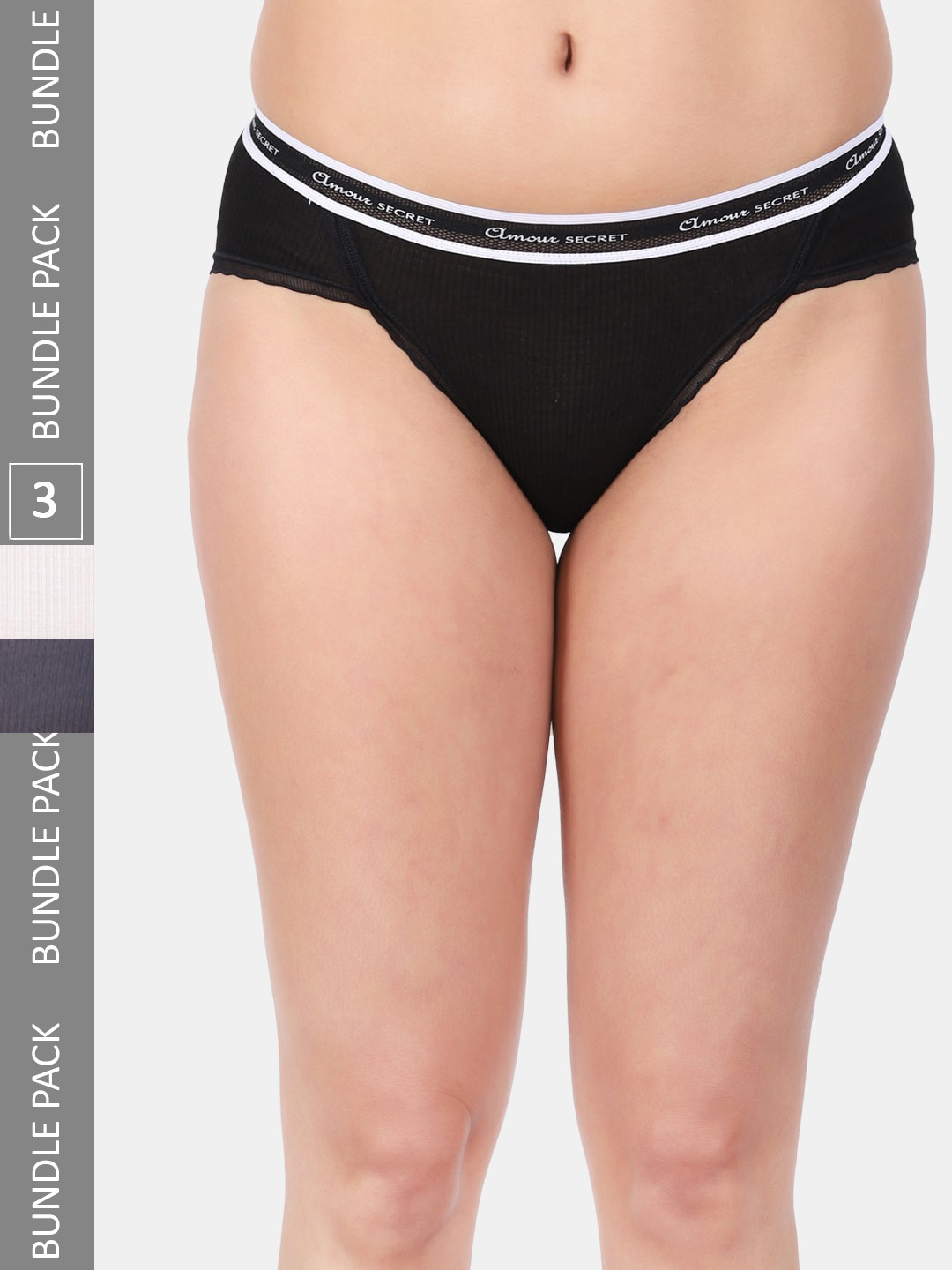 

Amour Secret Women Pack Of 3 Striped Mid Rise Bikini Briefs, Black