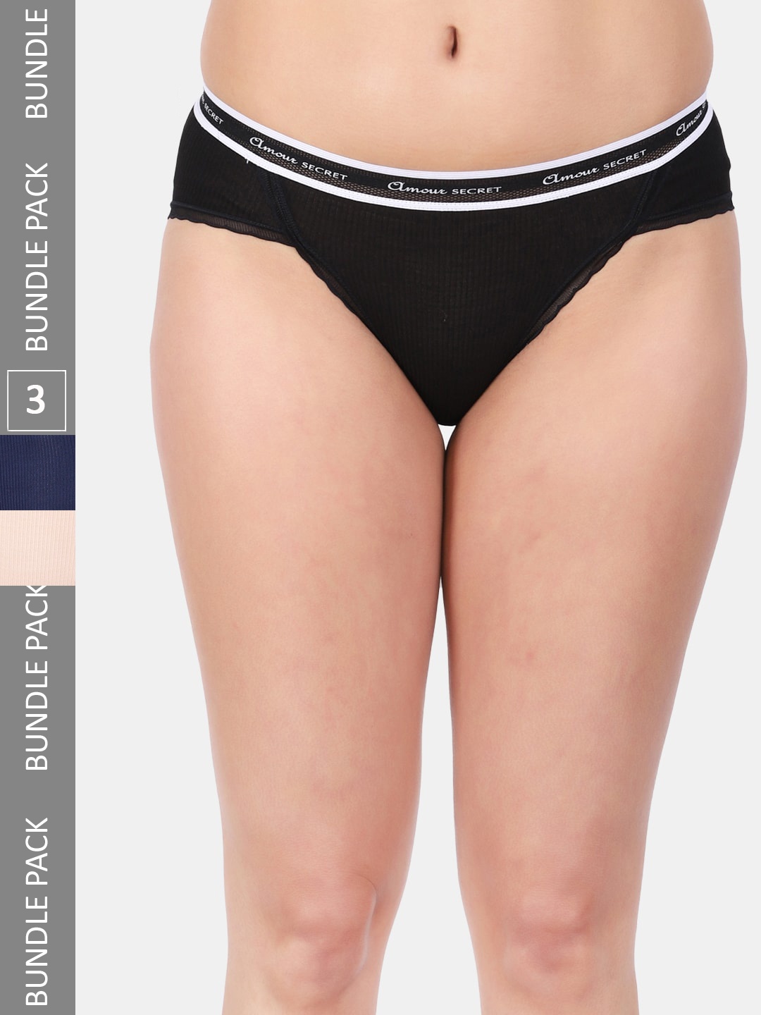 

Amour Secret Women Pack Of 3 Striped Mid Rise Anti-Bacterial Bikini Briefs, Black