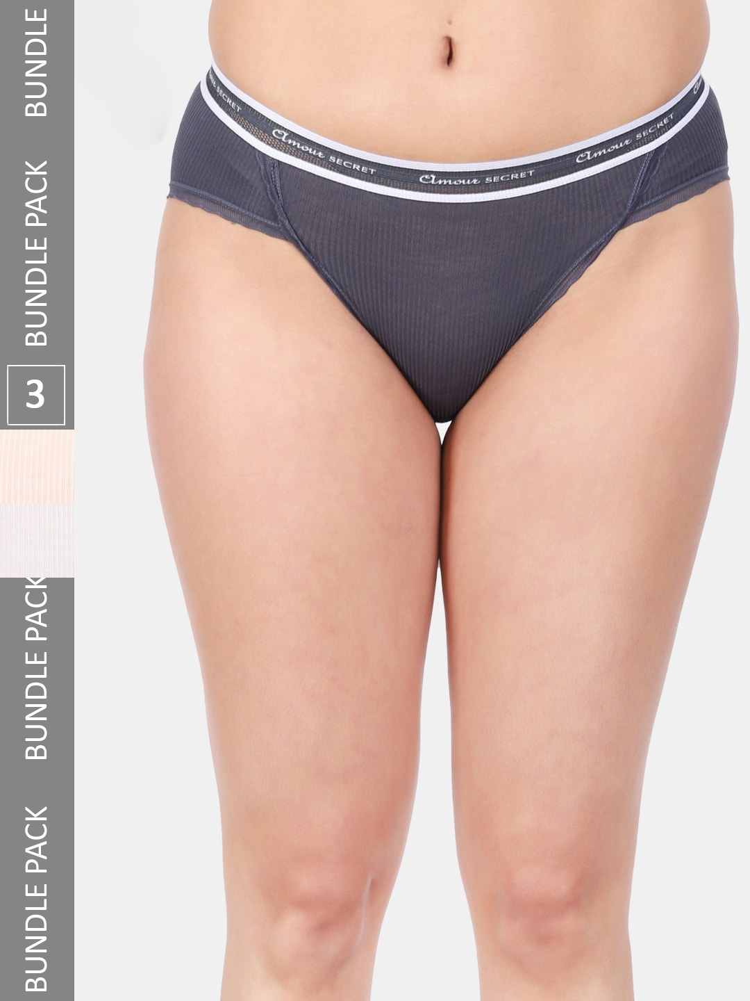 

Amour Secret Women Pack Of 3 Striped Anti Bacterial Lace Bikini Briefs, Grey