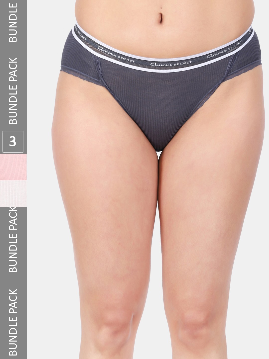 

Amour Secret Women Pack Of 3 Striped Mid-Rise Bikini Briefs, Grey